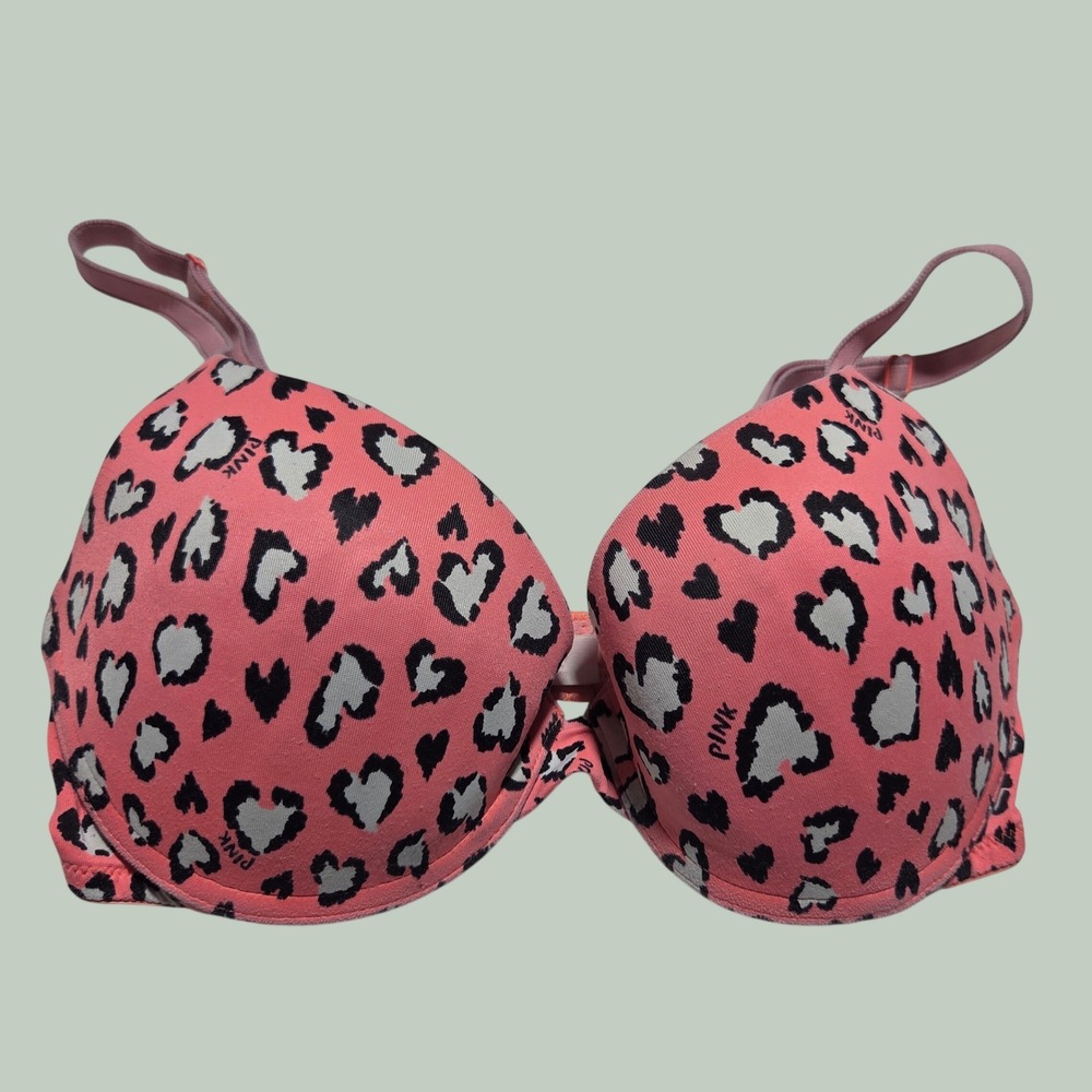 Victorias‎ Secret PINK Push-Up Bra 34C Pink Leopard Heart Print Underwire Padded